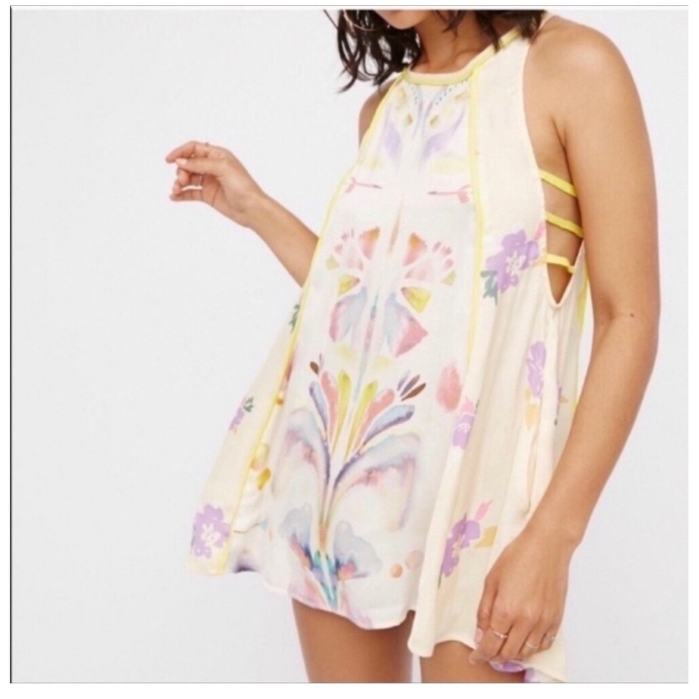 Free People Dream Free Mini Tunic Dress Floral Yellow XS Side Cutouts